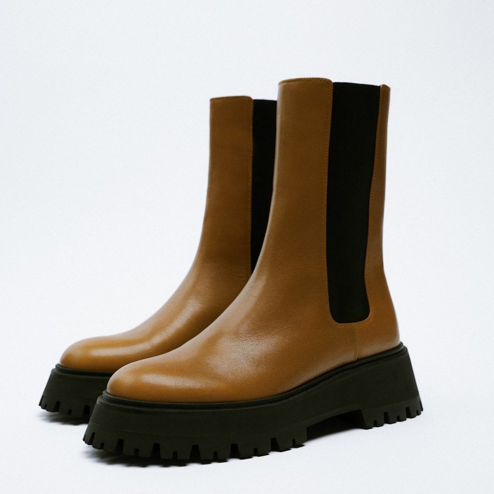 Zara Camel Tan Brown Leather Ankle Boots With Track Soles 7 1/2